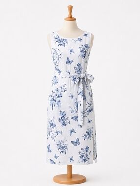 Bellambra Made in Italy 100% Linen White Blue Floral Light Midi Dress